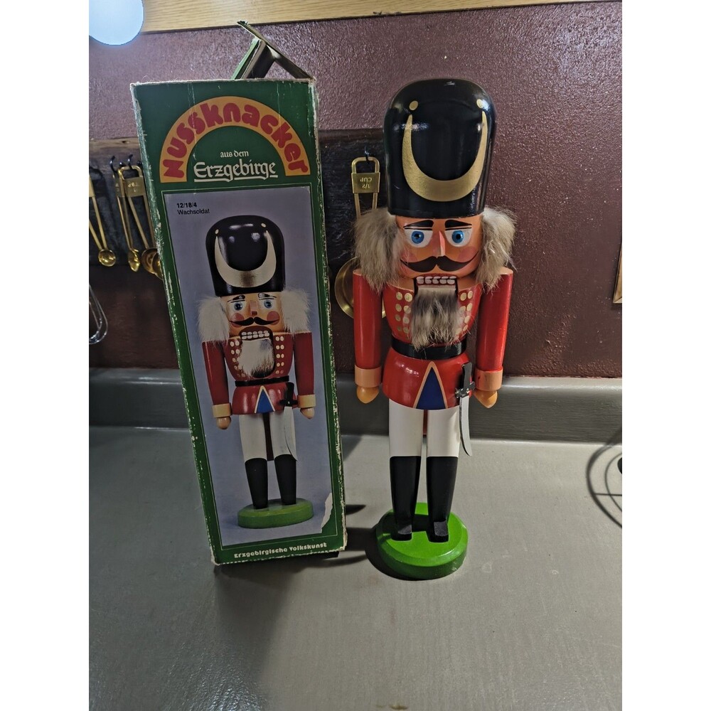 Vintage German Erzgebirge Wooden Nutcracker Soldier Wachsoldat in Box 12 Inch